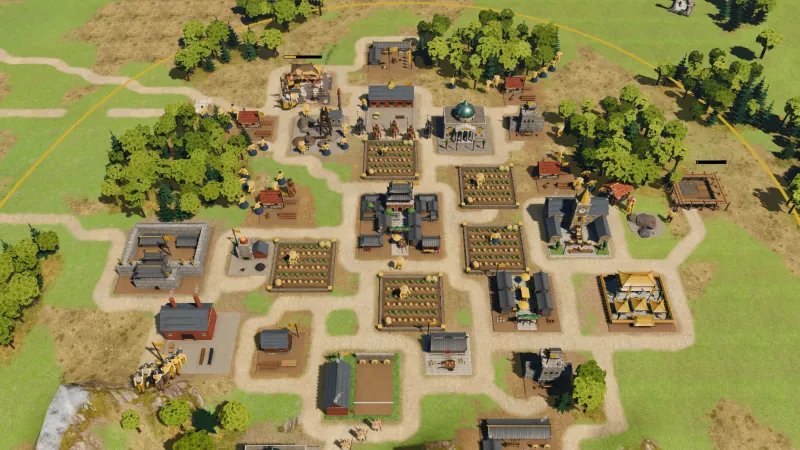A Chinese city from above, an hour into a game: farms, grey-tiled halls, a golden palace, a walled barracks and a building going up under scaffolding, inside a yellow border.