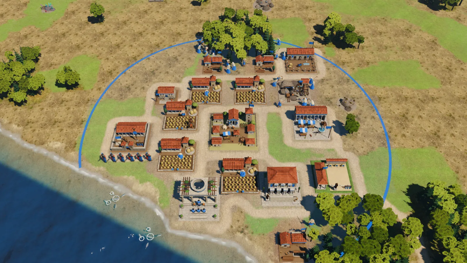 An Italian capital on the coast seen from above: red-tiled houses, farms, a market, a temple and a barracks, ringed by a blue border, with fishing boats offshore.