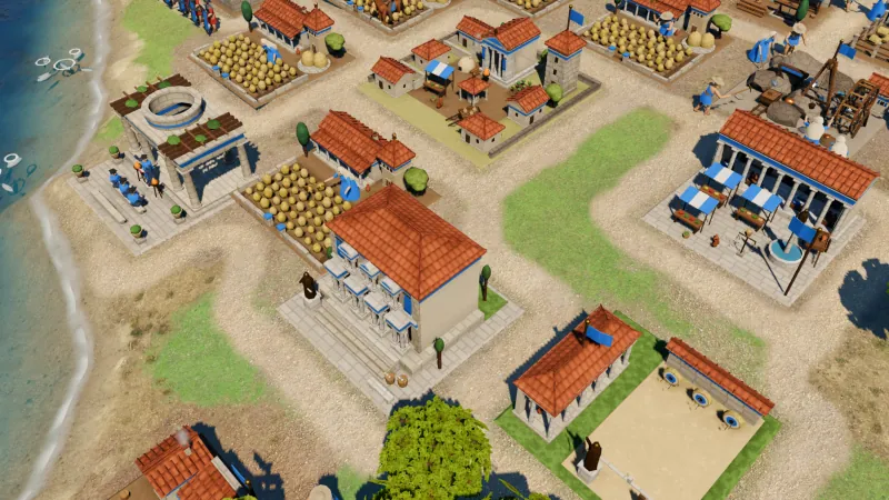 A closer view of the Italian capital: columned buildings under red-tiled roofs, a market with blue-and-white awnings, farms and an archery range.
