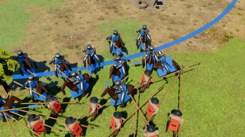 Armoured knights on horseback charge into a block of pikemen whose long pikes are lowered against them.