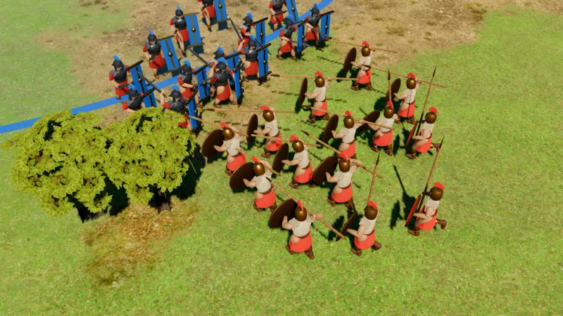 Roman legionaries with tall blue shields clash with Greek hoplites carrying round bronze shields and long spears.