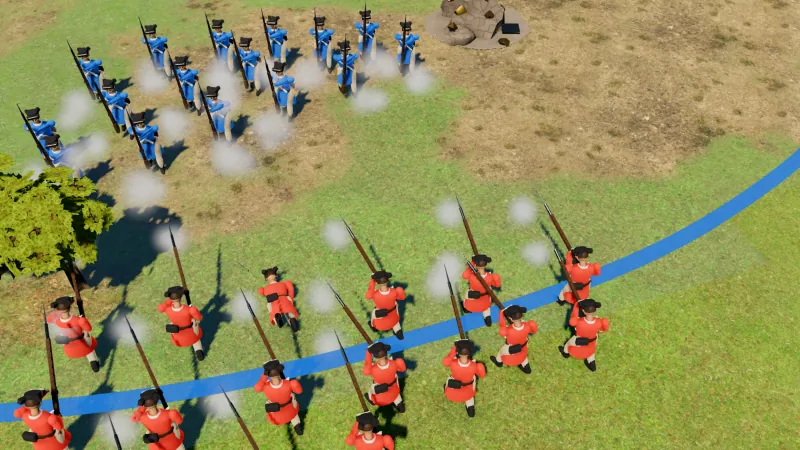 Two lines of musketeers, one in red coats and one in blue, firing volleys at each other across a field, white powder smoke drifting between them.